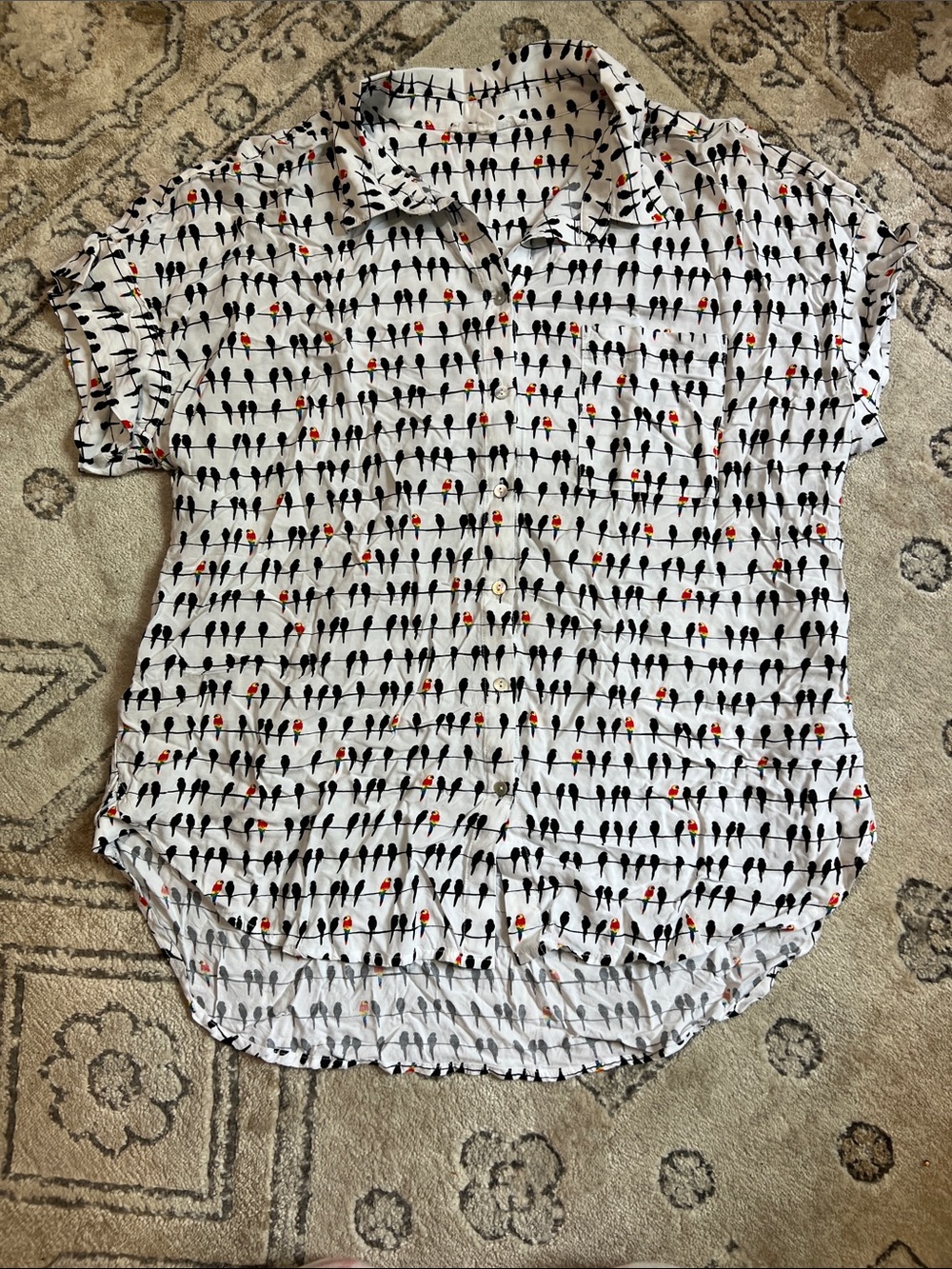 Jane and Delancey White Button-Down Shirt with Black and Orange Bird Print